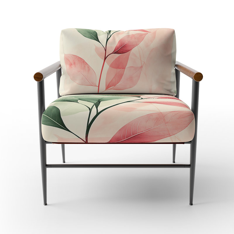 Abstract Botanicals Accent Chair - Blush Botanical Leaves In Spring II Velvet Side Chair, Brown Round Arms