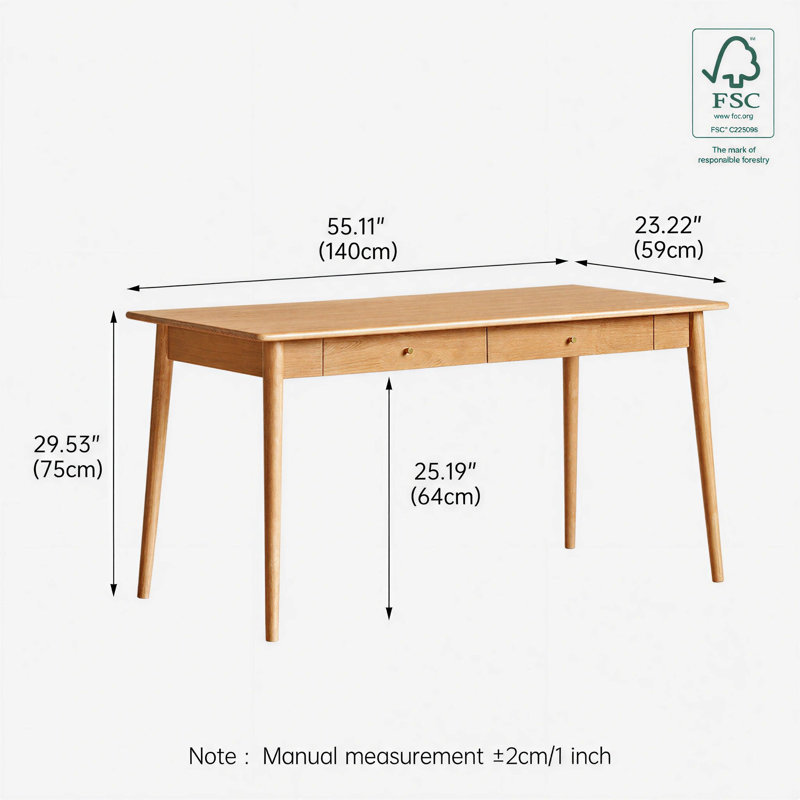 59"W MCM Solid Wood Desk with Drawer, Yellow, 55"W x 23.22"D