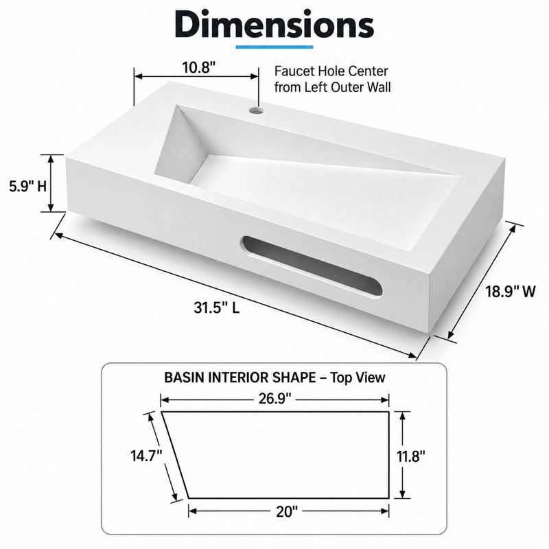 32" V-Shaped Stone Resin Sink with Integrated Towel Bar, Wall-Mounted Floating Bathroom Sink, Natural