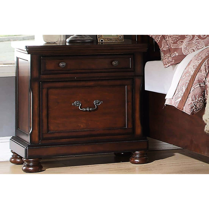 Table de chevet moderne en cerisier avec 2 tiroirs de rangement pour chambre à coucher