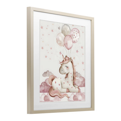 Pink Unicorn with Balloons Framed Print Under Glass, design by LSR Design Studio
