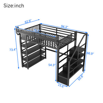 Lit mezzanine double avec support de rangement à 4 tablettes et station de charge, lit mezzanine double en métal avec rangement pour escaliers pour enfants adolescents, produits brevetés, noir