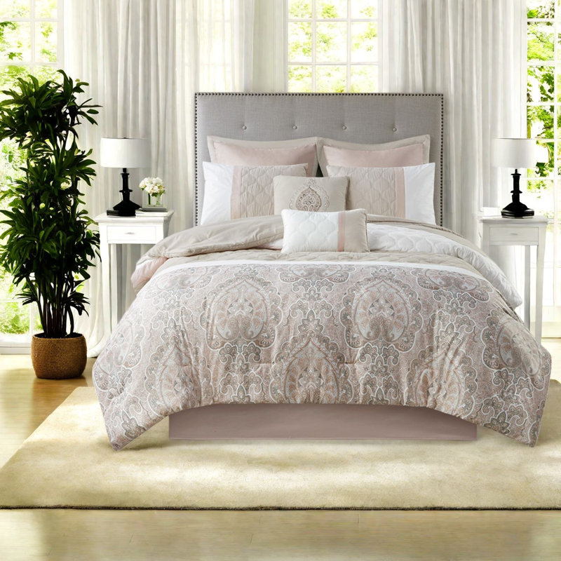 Luxurious 8 Piece Bedding Sets, Hypoallergenic Polyester, Transitional Blush Design For Home Comfort