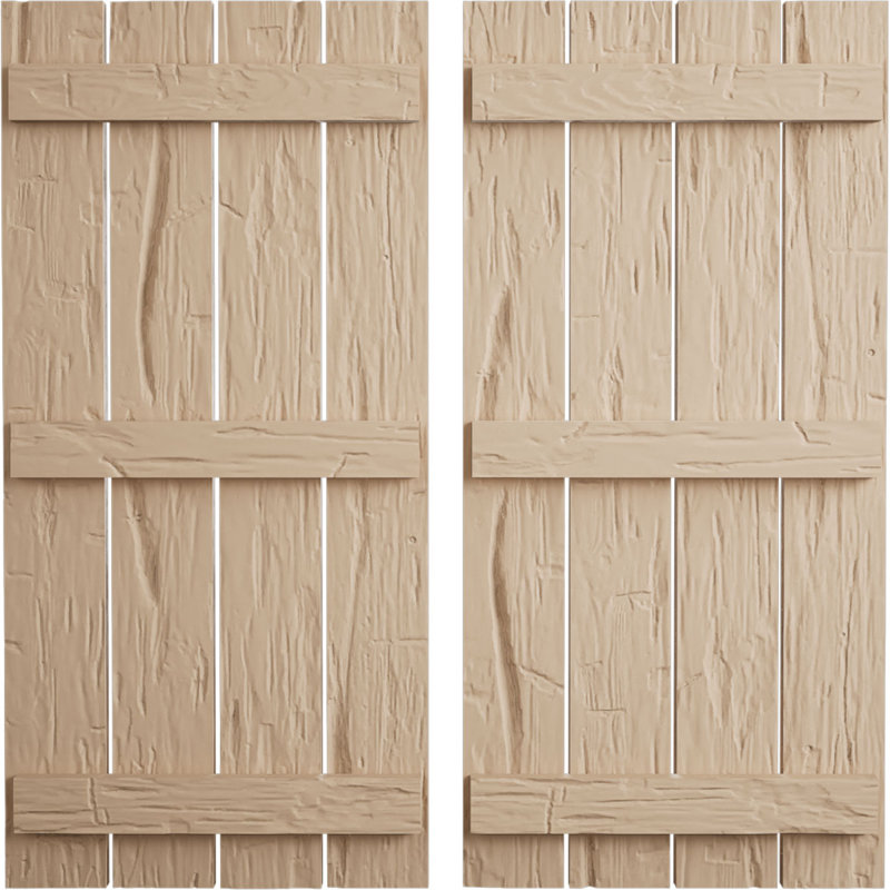 Volets rustiques en faux bois à quatre planches espacées (par paire), Texture taillée à la main / brun clair apprêté, 23"