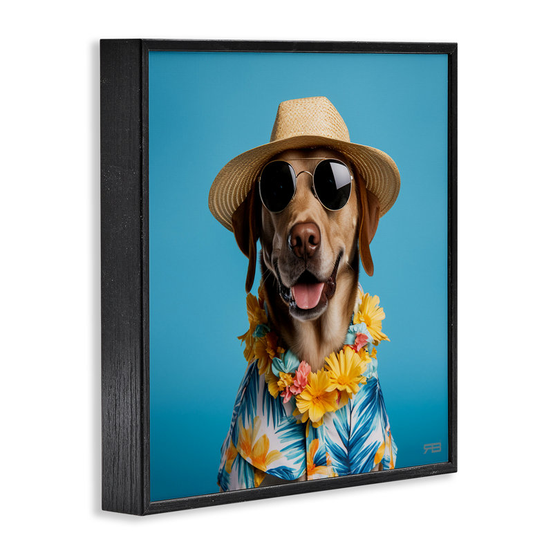 Chien avec Aloha, estampe numérique par Roozbeh Bahramali, Giclée encadrée noir minuit, H 12 po x l 12 po