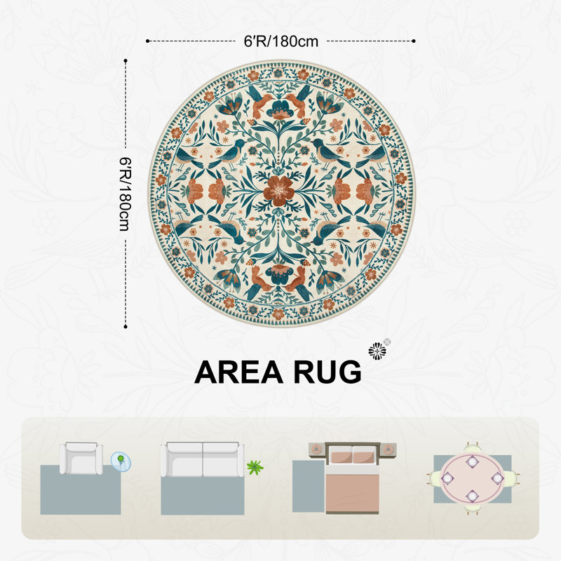  Tapis lavables Boho Bird, Rond 6 pi