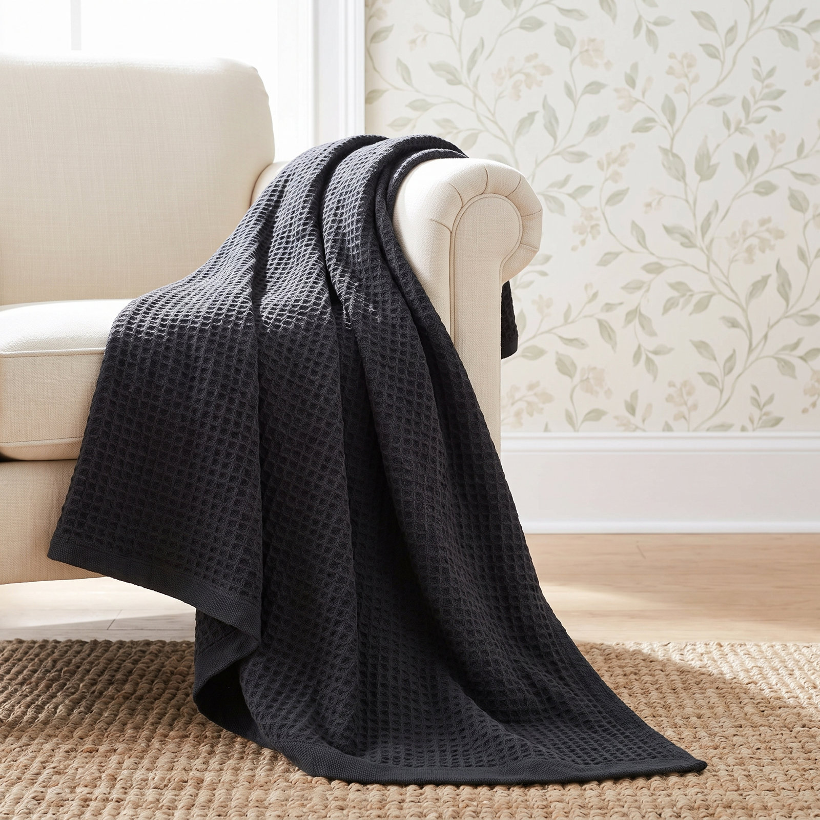 Bedsure Cotton Waffle Weave Throw Blanket, King, Black