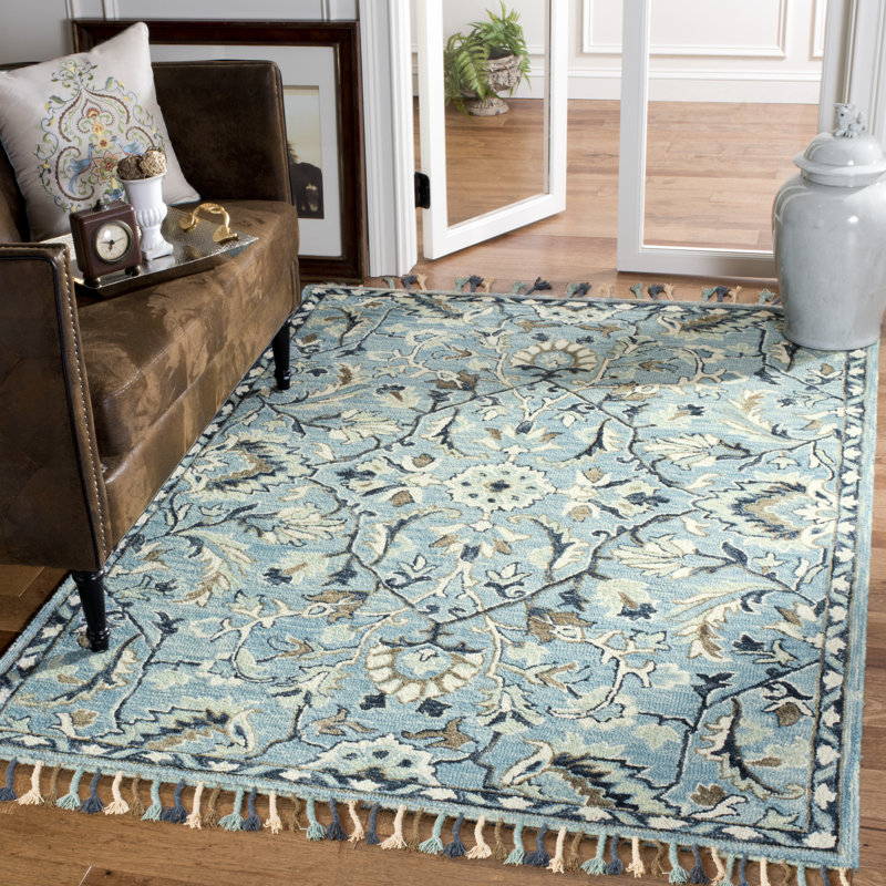 Jahiem Oriental Handmade Tufted Wool Blue/Ivory Area Rug, Rectangle 5' x 8'