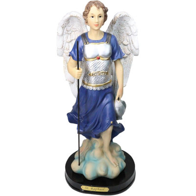 Archangel Saint Raphael Holding Staff And Fish Statue With Name Base 12"H