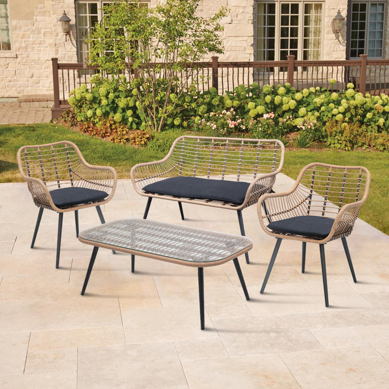 Ensemble de conversation en osier / rotin pour 4 personnes avec coussins, Noir