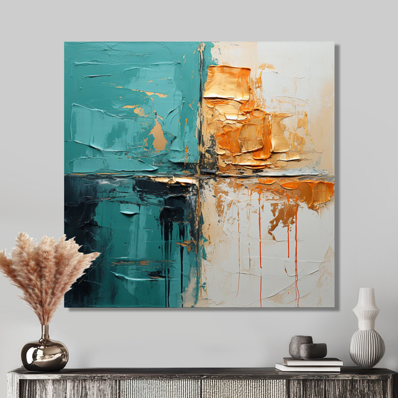 «Adventure in Turquoise Orange», peinture abstraite, art mural, H 16 po x l 16 po x P 1 po, Metal