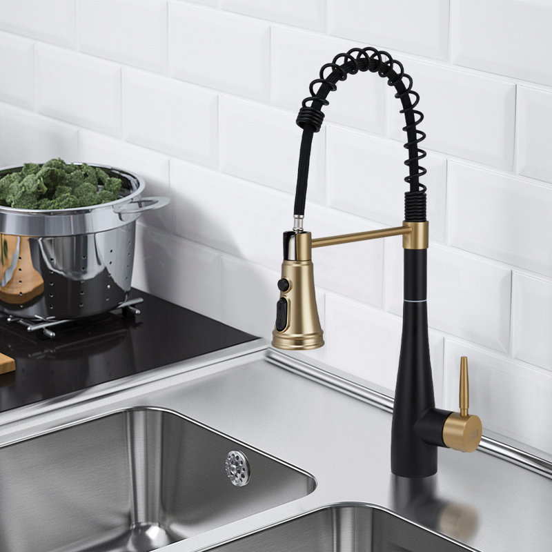Belfry Kitchen Pull Out Kitchen Faucet, Black/Gold