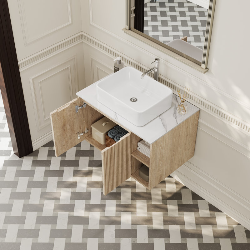 Meuble-lavabo mural de 76 cm avec lavabo en céramique, armoire en bois cannelé, meuble-lavabo suspendu avec étagères ouvertes et rangement dissimulé, fini chêne naturel