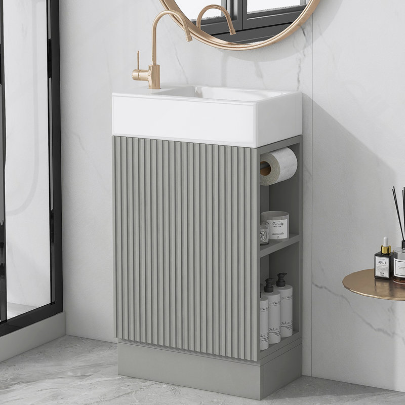 Meuble-lavabo de salle de bain avec lavabo, meuble-lavabo avec tablette, orientation gauche ou droite, Gris