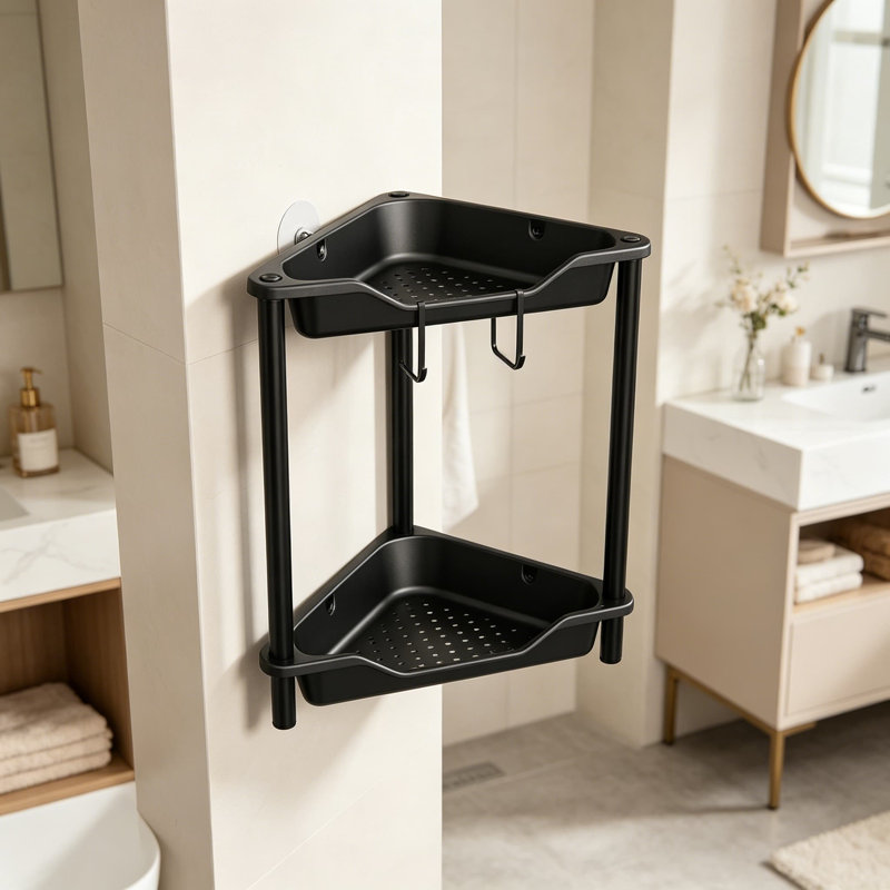 Organisateur de support de douche de coin à 2 niveaux antirouille, support de support de tablette de coin en plastique avec trous de drain et crochets