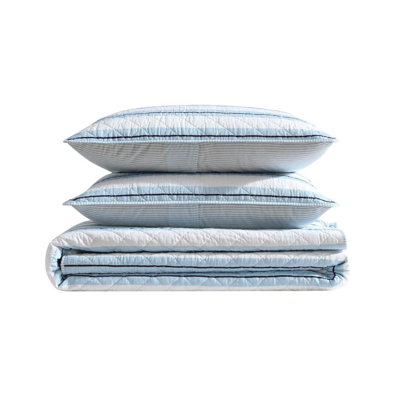 Nautica Tim Stripe Cotton Reversible Blue Quilt Set, Blue, Queen Quilt + 2 Standard Shams