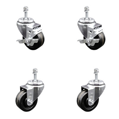3 Inch Phenolic Wheel Swivel 10mm Threaded Stem Caster Set 2 Brakes SCC
