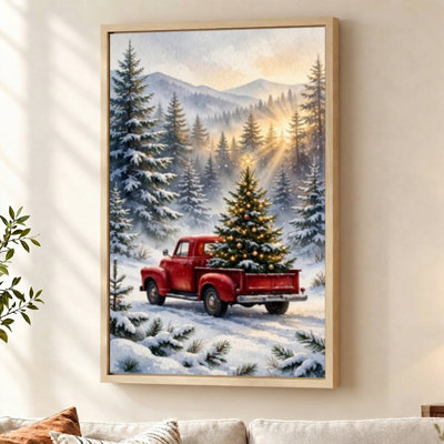 Vintage Red Truck with Fir Tree Beige Christmas Floater Framed Canvas Wall Art 24" W x 36" H
