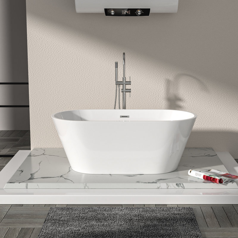 Baignoire de trempage autoportante ovale en acrylique de 59 po x 29,5 po avec bonde escamotable dorée et bonde à trop-plein dorée