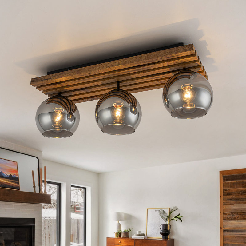 Plafonnier encastré en bois 3 lumières avec globe en verre gris fumée