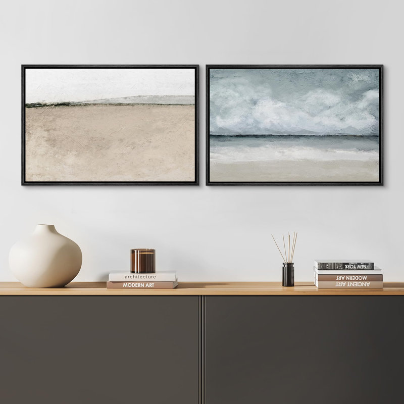 Minimal Landscape Mute Coastal Beach Ocean Abstract Seascape Illustration 2 - Pièces, Cadre noir, H 24 po x l 36 po