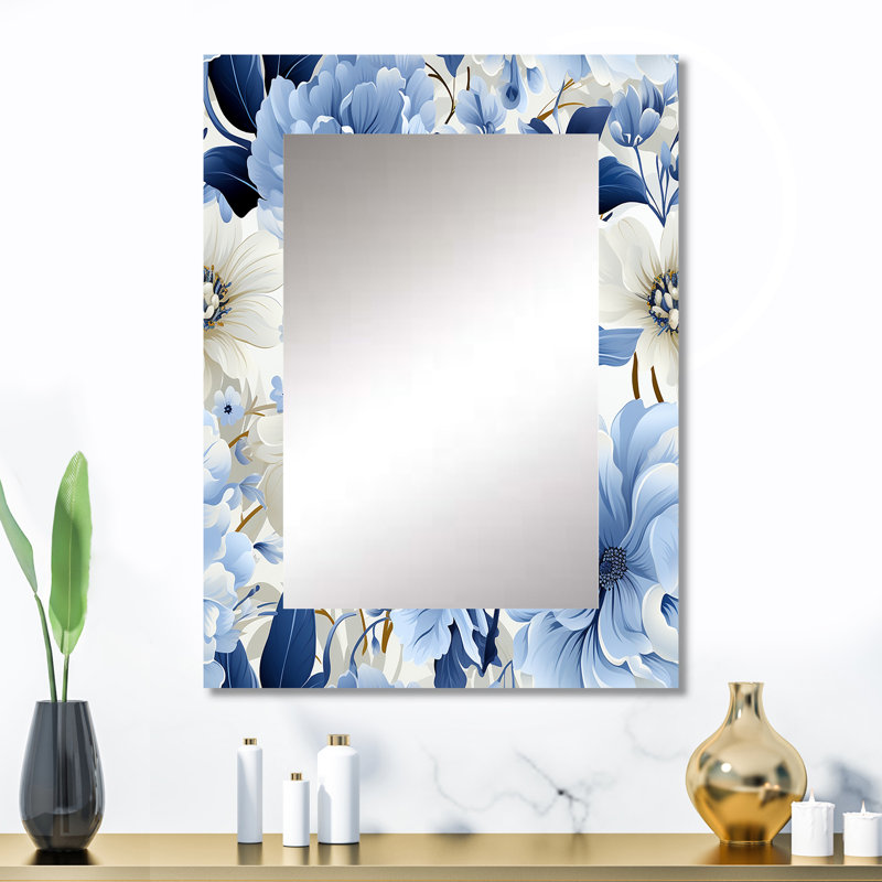 Ingram, motif floral victorien bleu et blanc - grand miroir mural floral, chalet, miroir décoratif traditionnel, impression d'art en métal