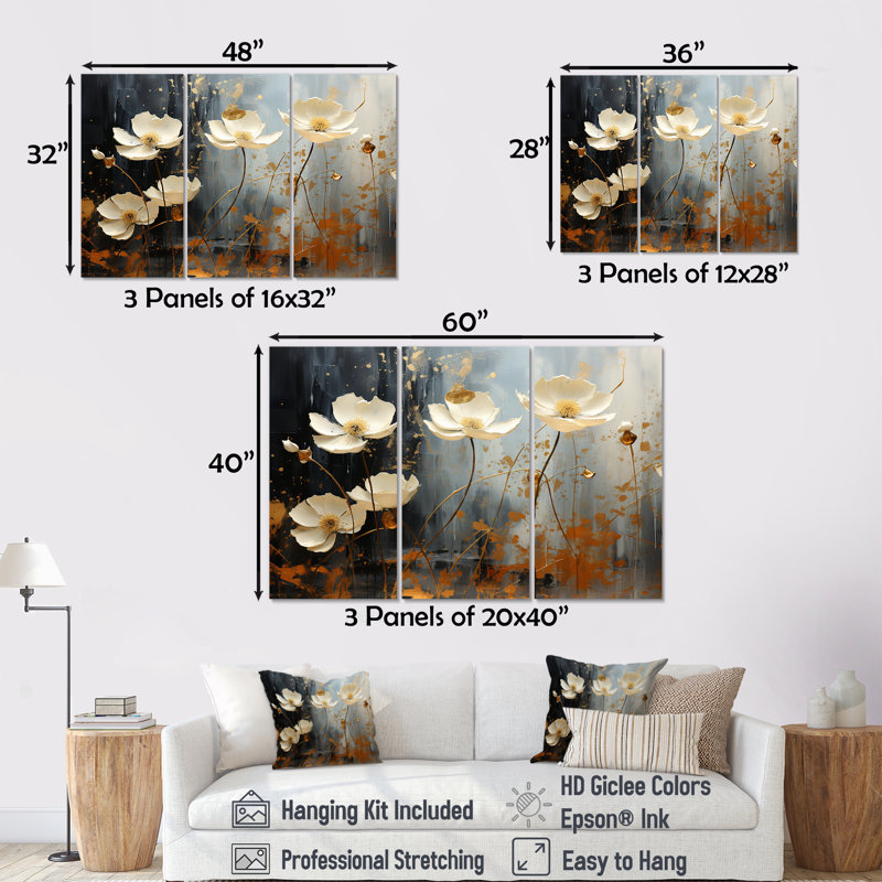 Golden Meadows Of Flowers Fields II - Flower Wall Art Living Room Set, H 32 po x l 48 po x P 1 po
