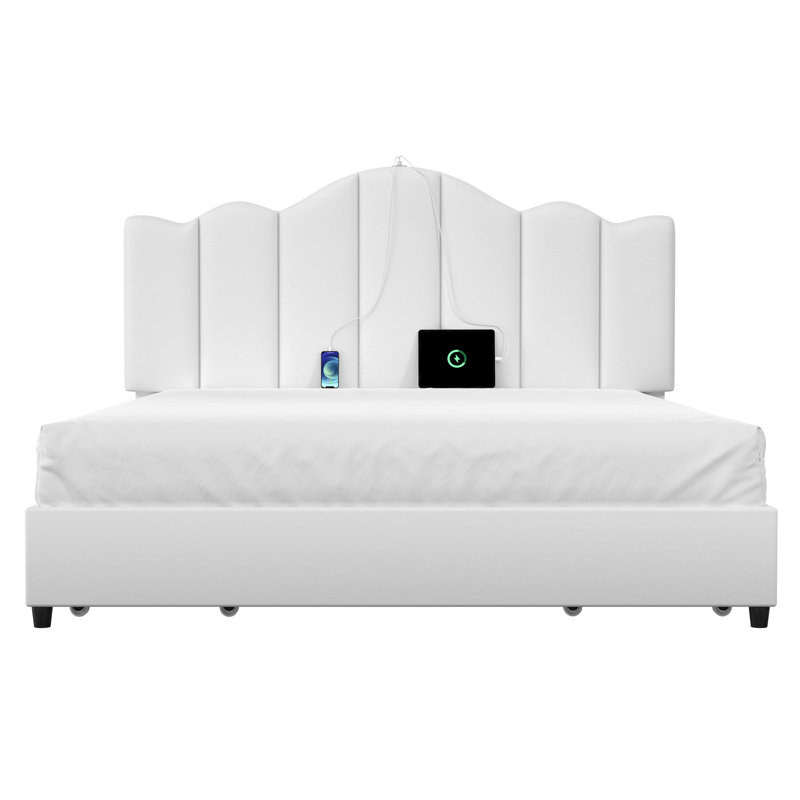 White Upholstered Platform Storage Full Size Bed Frame with Adjustable Headboard, 4 Storage Drawers, Type-C & USB Charging Ports, Noise-Free Wood & Metal Structure, No Box Spring Needed
