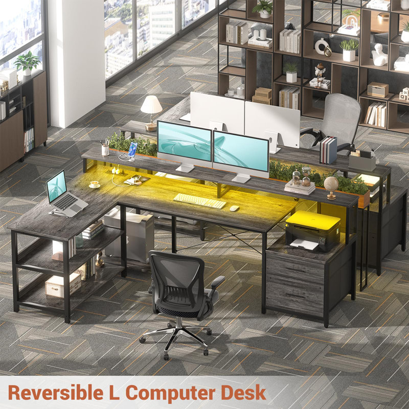 Joinvil L-Shaped Computer Desk  with Drawers and Monitor Shelf, Gaming Desk with RGB LED Lights & USB Ports, Gray