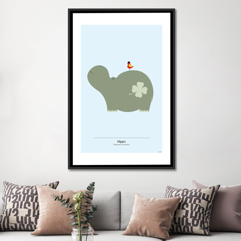 « hippopotame », impression sur toile tendue, H 60 po x l 40po x P 1,5 po, Toile encadrée noire, Pas de tapis