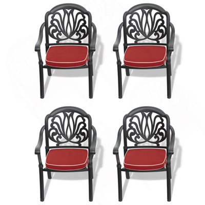 Chaise de patio en fonte d'aluminium 4 pièces avec structure noire et coussins de couleurs aléatoires