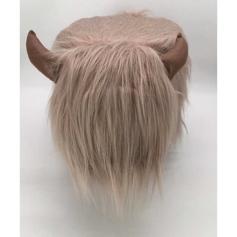 Highland Cow synthetic fur footstool with wooden legs, Pink Faux Fur