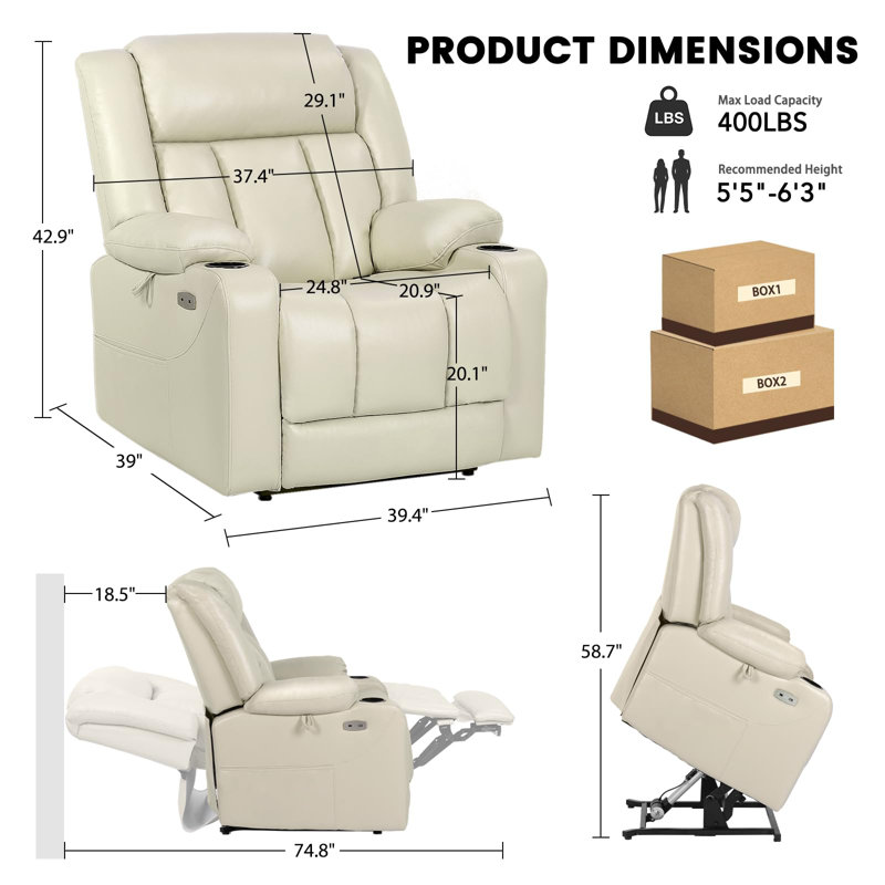 EONIX Dual Motor Oversized Power Lift Recliner Chair for Elderly, 400lbs Heavy Duty Leather Recliner with Massage and Heat, Lay Flat Big and Tall Lift Chair with Cup Holders, Cream White