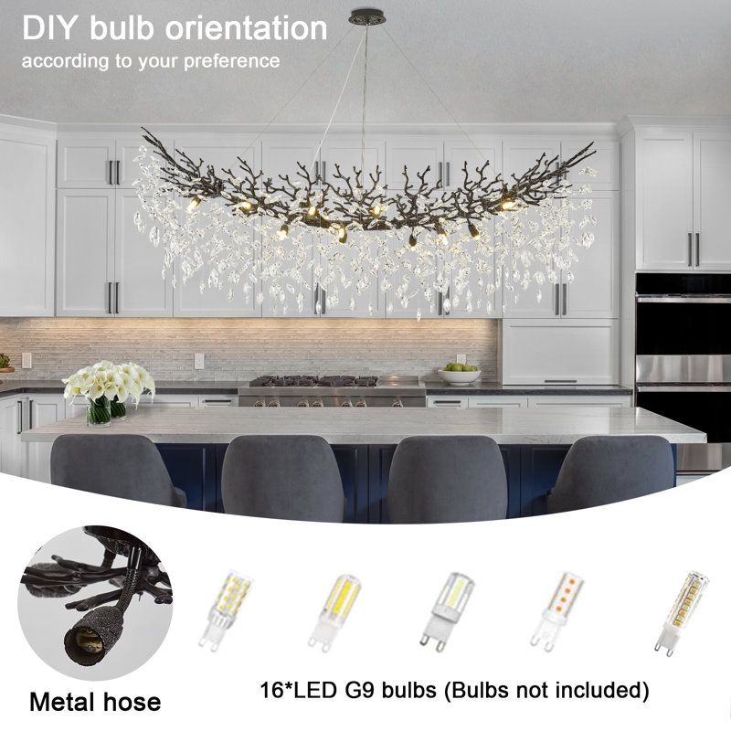 Tree Branch Crystal Chandelier Lighting, Black/White, 18, 15.7" H x 63" W x 15.7" D