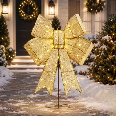 Décoration de Noël en forme de nœud, 2 en 1, pré-illuminée, de 112 cm (44 po), avec 8 modes d'éclairage, minuterie et lumières DEL pour l'extérieur et l'intérieur.