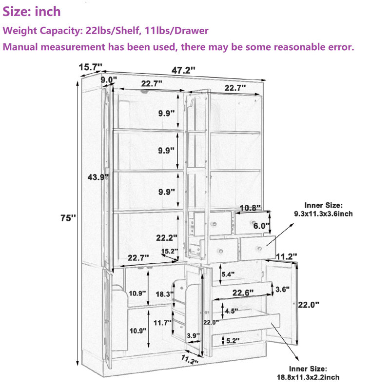 Garde-manger de 75 po, armoire haute autoportante avec 4 tiroirs de rangement, tablettes réglables et dispositifs anti-basculement inclus