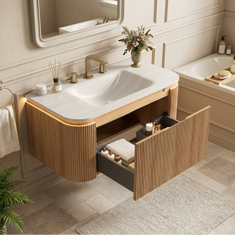 30" Wall Mounted Single Sink Bathroom Vanity with Engineered Marble Top, 35.83"