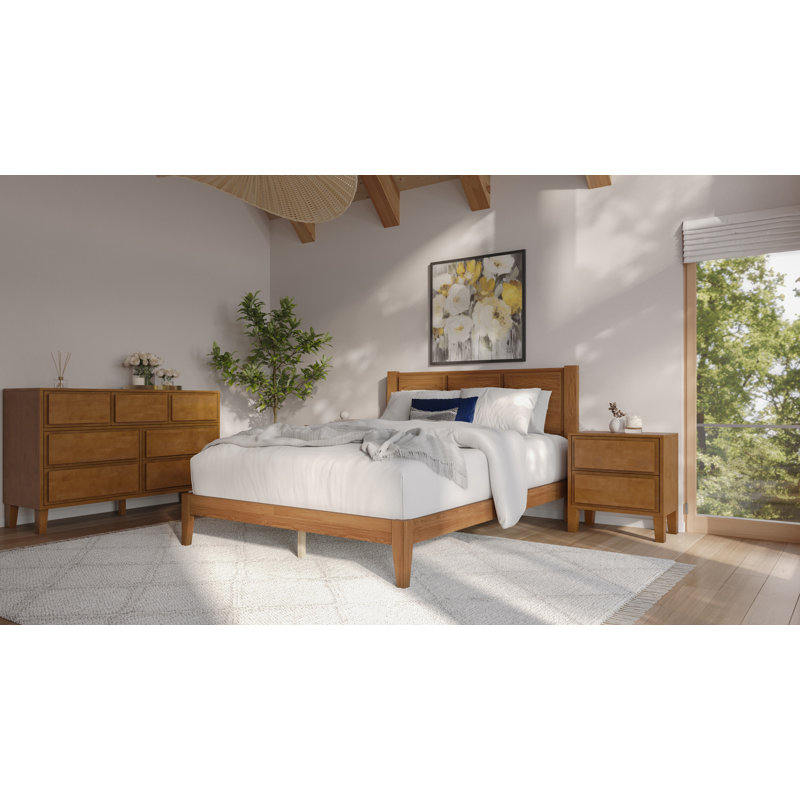 Ensemble de chambre à coucher Knighten, Trois pièces : Lit, table de chevet et commode, Lit double, Noyer