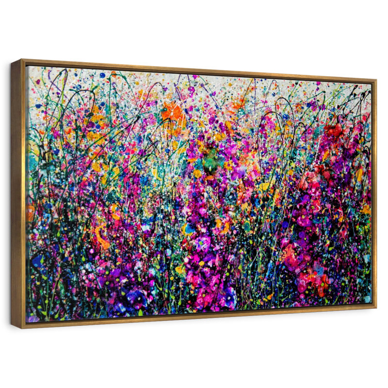 Hollyhocks Inspired By Pollock, Floating Frame Gold, 13" X 9"