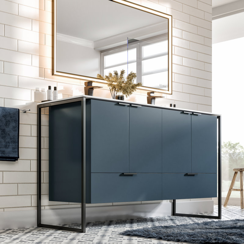 Mendiola  Meuble-lavabo mural double avec surface solide et lavabos intégrés, Bleu