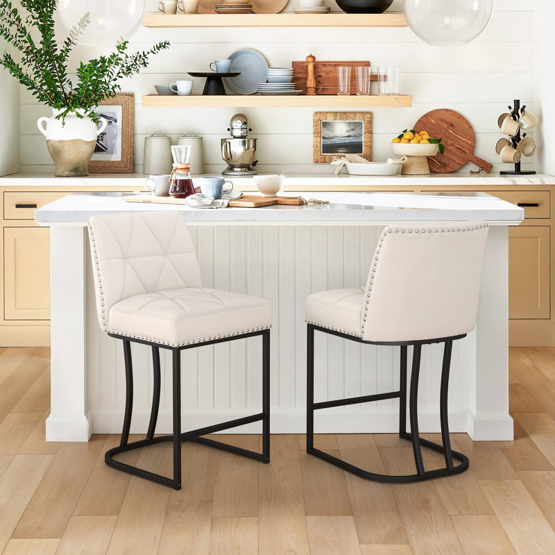 Tabourets de baril de comptoir rembourrés avec structure en métal, 2, Beige