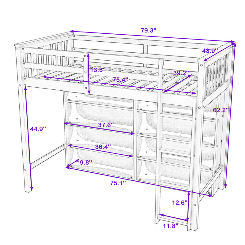 Lit mezzanine pour enfants Imberly, Simple, Gris antique 