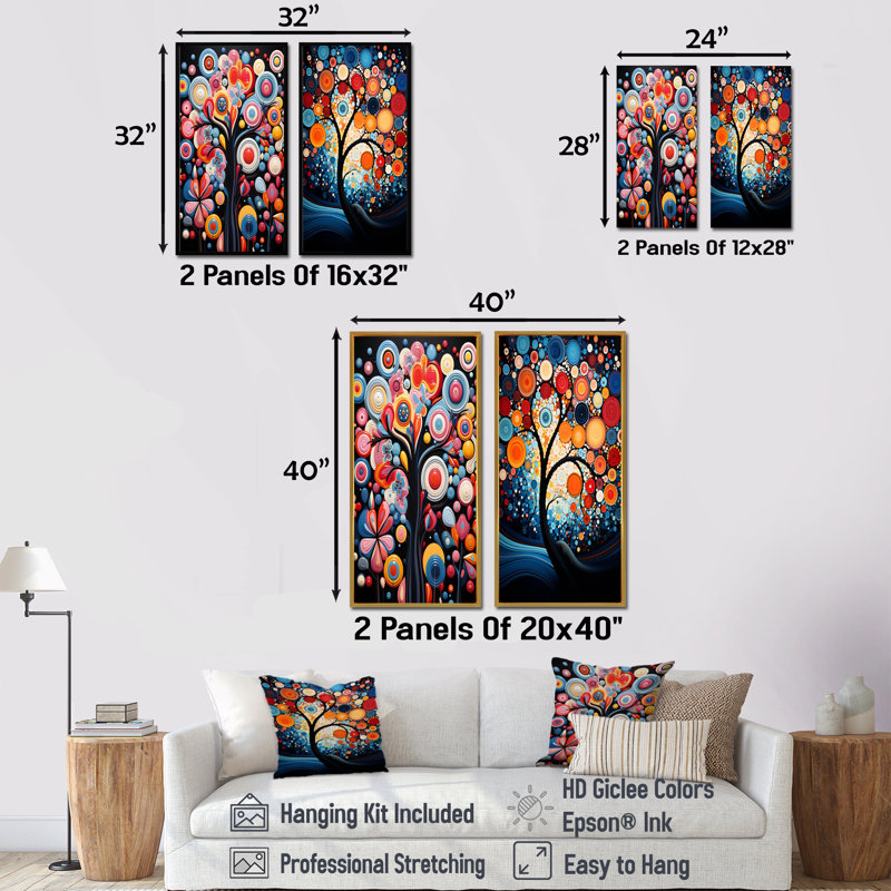 Arbre de fantaisie floral rose et bleu arbre IV - ensemble de décoration murale arbre africain, Cadre flottant brun