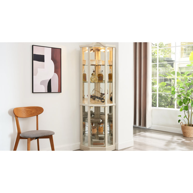 Vitrine d'angle éclairée en verre blanc avec tablettes personnalisables pour la décoration d'art et de livres, White