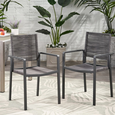 Chaise de salle à manger d'extérieur en aluminium avec assise en corde grise et foncée, 2 de 2, siège