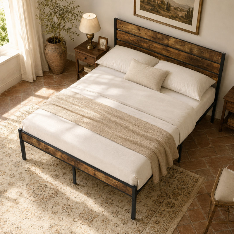 Lit plateforme industriel avec tête de lit en bois, cadre de lit en métal brun rustique et noir avec rangement sous le lit, aucun sommier nécessaire