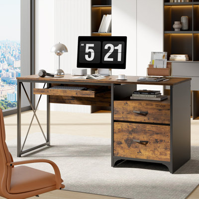 140cm Home Office Desks with 2 Storage Drawers, Reversible Computer Desks with Keyboard Tray and Open Shelf