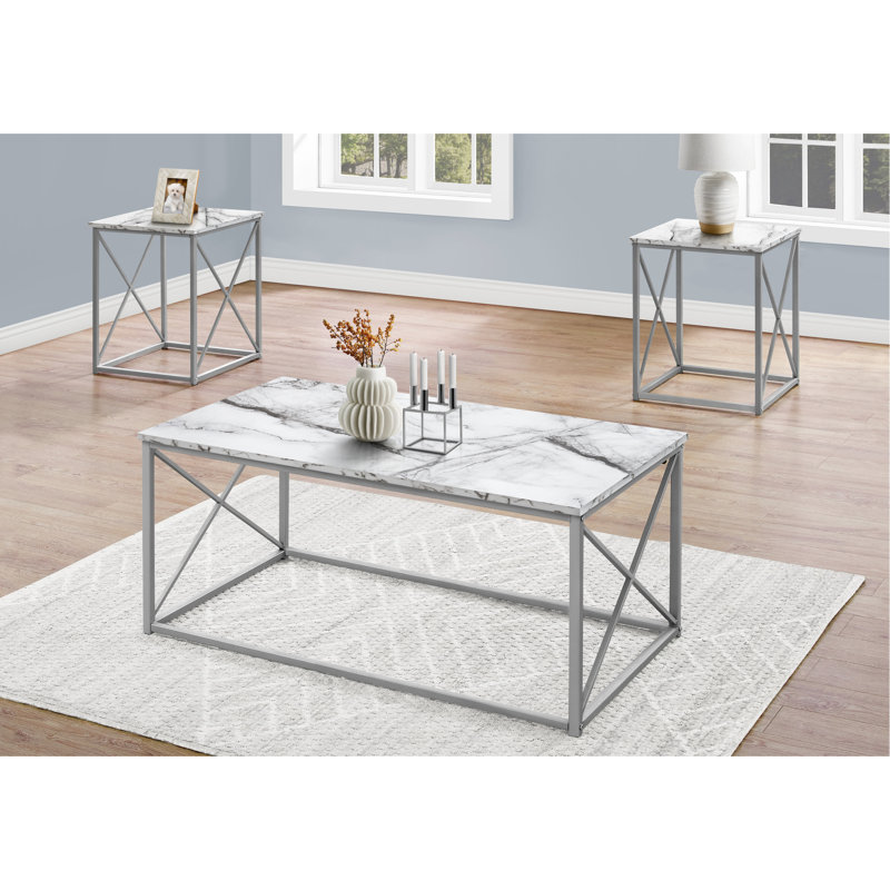 Table moderne 3 pièces - tables basses et 2 tables de bout, design blanc imitation marbre, intérieur en métal gris 3 pièces, imitation marbre
