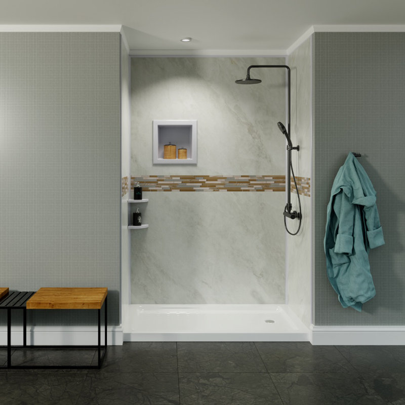 Bella CORE Arctic Mist Tub and Shower Surround with Katrina Design Strip 3-Wall up to 48Dx48Wx48Dx96H