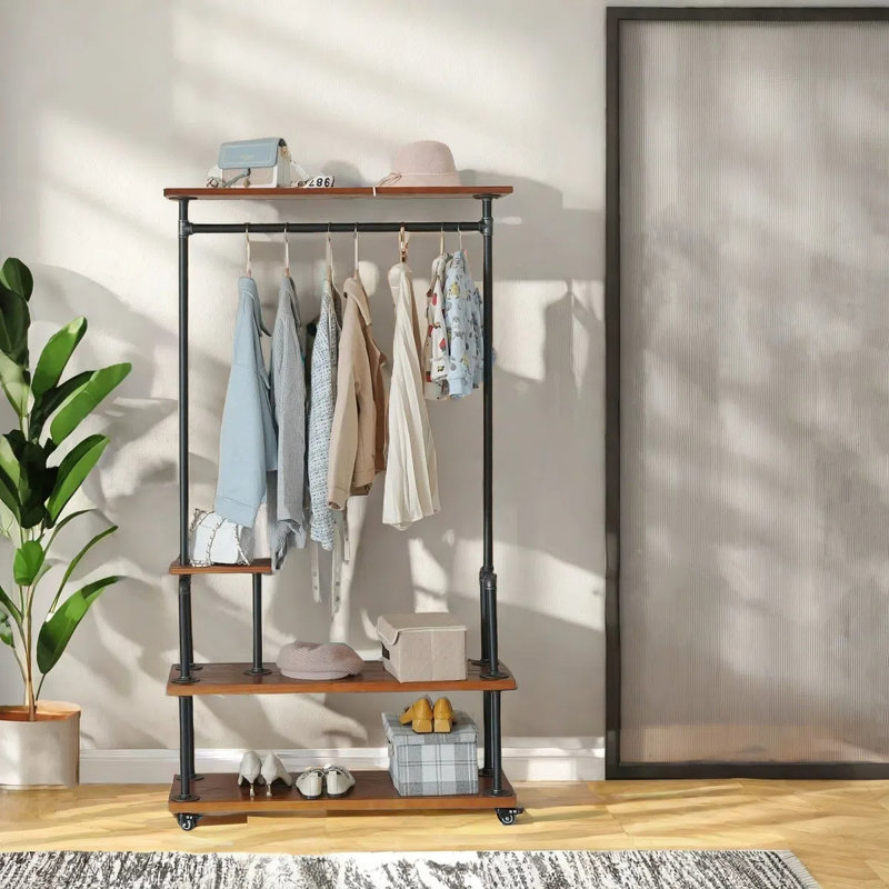 Industrial Pipe Clothing Racks With Storage Shelves,  Mounted Clothes Rack For Hanging Rods,Heavy Duty Black Clothing Racks With Three Shelves Retail Display Garment Rack For Home